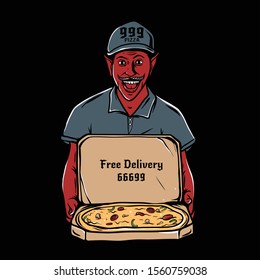 Satan holding open cardboard box with pepperoni pizza inside. Pizza deliveryman wearing cap and smiling to customer. Devil pizza illustration for t-shirt, sticker, wall art, or poster.
