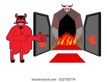 Satan invites sinners to hell. Devil indicates hand on purgatory. Laughing Red daemon at  entrance of Hyena and  fire.