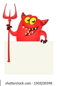 Satan keeps white blank sheet of paper. Devil and document. Red horned Lucifer.  Scary Mephistopheles holdind sign