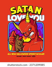 Satan love you. Spooky Horror Cartoon Creature Character Illustration.