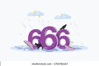 Satan number flat concept vector illustration. Number 666, black cat, crow and umbrellas in thunderstorm 2D cartoon composition for web design. Superstitious symbol, bad omens creative idea