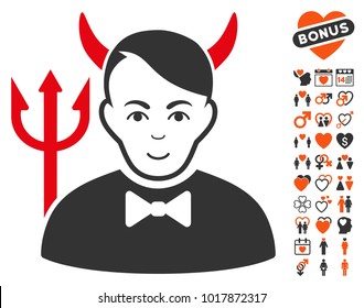 Satan pictograph with bonus love design elements. Vector illustration style is flat iconic symbols.