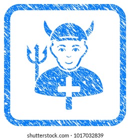 Satan Priest rubber seal imitation. Icon vector symbol with grungy design and unclean texture inside rounded frame. Scratched blue stamp imitation. Boy face has enjoy feeling.