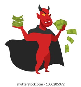 Satan or red devil with money in black cloak isolated character vector king of hell and sin greed and mercantile spirit Lucifer evil monster with horns holding banknotes mythical creature or beast.