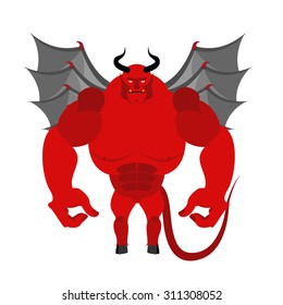 Satan. Red Devil with wings. Big and powerful demon. Bodybuilder fiend with large muscles and tail. Vector illustration of an athlete from hell
