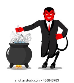 Satan roasts sinners in boiler. Demon cooking skeletons. 