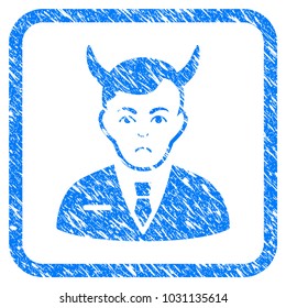 Satan rubber seal stamp imitation. Icon vector symbol with grunge design and corrosion texture in rounded squared frame. Scratched blue emblem on a white background.
