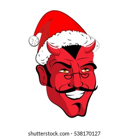 Satan Santa Krampus. Claus red demon with horns. Christmas monster for bad children and bullies. folklore evil. Devil with beard and mustache. 
