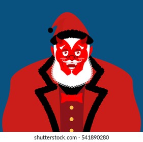 Satan Santa Krampus. Claus red demon with horns. Christmas monster for bad children and bullies. folklore evil. Devil with beard and mustache. 
