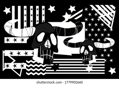 Satan skull with horns, stripes and stars, abstract black and white vector background