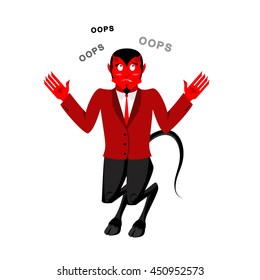 Satan speak OOPS. Surprised by demon. Red Devil is perplexed. Lucifer boss with horns. Religious and mythological character, supreme spirit of evil. Diablo lord of hell
