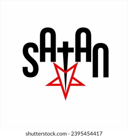 Satan word design with pentagram cross and stars on letter T.