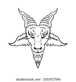 Satanic goat head. Baphomet. Illustration for tattoo, print, emblem.