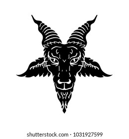 Satanic goat head. Baphomet. Illustration for tattoo, print, emblem.