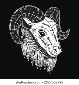 Satanic Goat Head horns Sheep Skull Dark Art black white for tattoo Hand Drawn illustration