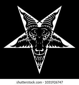 Satanic goat head on pentagram. Baphomet. Illustration for tattoo, print, emblem.