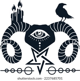 Satanic goat head with the pentagram, eye, candle, and raven  Illustration for tattoo, print, and emblem.