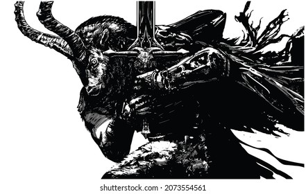 A Satanic Humanoid Warrior With A Goat 's Head Runs Into Battle With A Two - Handed Devil Sword , He Has Long Horns And A Sinister Eye With A Cross And Fur All Over His Body . 2d Comic Art