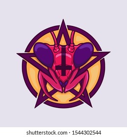 Satanic Mantic Logotype above pentagram star and circle. Colored vector illustration on flat background for music cover, t shirt design or other prints. Almost symmetric