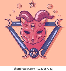 Satanic pink cat with demon horns and a third eye. Occult pet inside a triangle with moons, stars and pagan symbols around it. Wiccan esoteric kitty head with magical and witchy objects.