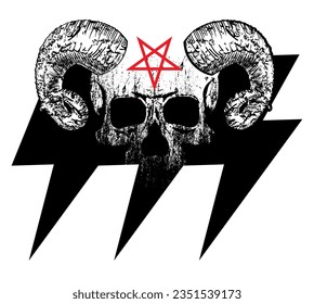 Satanic skull t-shirt design with goat horns over the symbol of thunderbolt.