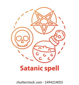 Satanic spell concept icon. Esoterics and alchemy idea thin line illustration. Dark magic, diabolic ritual. Pentagram, skull and potion vector isolated outline drawing. Witchcraft service