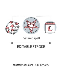 Satanic spell concept icon. Witchcraft and alchemy idea thin line illustration. Dark arts, diabolic ritual. Spellbook, pentagram and moon calendar vector isolated outline drawing. Editable stroke