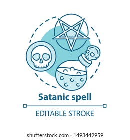 Satanic spell concept icon. Witchcraft and alchemy idea thin line illustration. Dark arts ritual, diabolic curse. Pentagram, skull and magic potion vector isolated outline drawing. Editable stroke