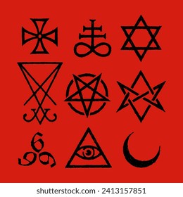 Satanic Symbols, Medieval Occultism, Magic Stamps, Sigils, Keys, Mystical Symbols Knots, Devil's Cross. Sigil Lucifer Baphomet vector