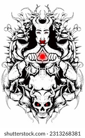 A satanic woman who has two horns with line art style