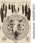 Satanism, black magic and witchcraft themed vector banner with raven feathers, pentagram, animal skull with horns, circle and occult signs. T-shirt design, music cover, poster. No AI used