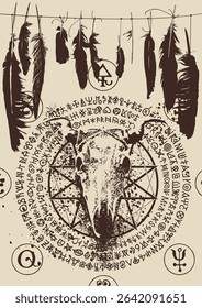 Satanism, black magic and witchcraft themed vector banner with raven feathers, pentagram, animal skull with horns, circle and occult signs. T-shirt design, music cover, poster. No AI used