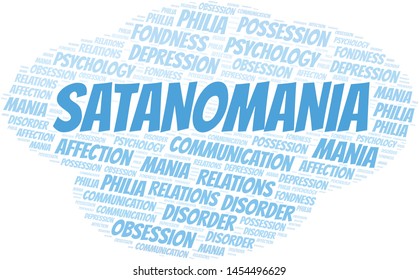 Satanomania word cloud. Type of mania, made with text only.