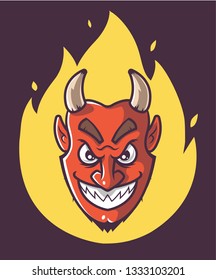 Satan's head is on fire. purple background. hellish halloween character. Eps10 vector