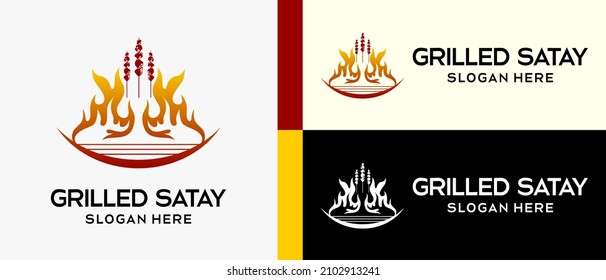 satay logo design template with fire and grill element concept. creative vector logo illustration.