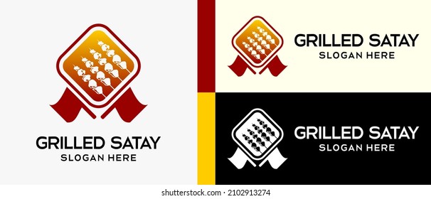 Satay logo design template with satay silhouette concept in rhombus and hand fan icon. creative vector logo illustration.