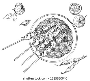 Satay meat lamb chicken grill asian food hand drawn sketches white isolation background with flat style