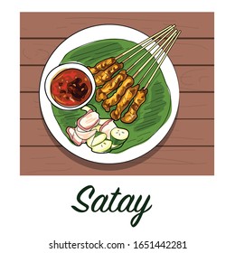 Satay or 'sate' is a dish of seasoned, skewered and grilled meat or chicken, served with a peanut sauce. Vector Illustration