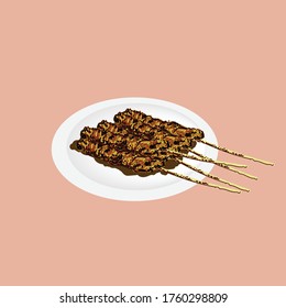 Satay or sate in Indonesian and Malay spelling, is a Southeast Asian dish of seasoned, skewered and grilled meat, served with a sauce. food illustration. sate vector