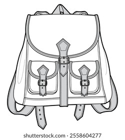 Satchel backpack flat sketch vector illustration technical cad drawing template