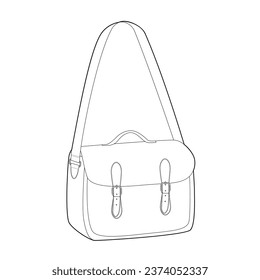 Bolsa de silueta del mensajero de la bolsa de la carrocería del Satchel. Ilustración técnica de accesorios de moda. Vista frontal del vector 3-4 para hombres, mujeres, estilo unisex, bolso plano de simulación CAD esquema aislado