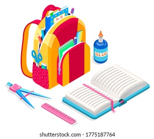 Satchel loaded with supplies for lessons vector, back to school concept. Textbook and glue bottle, scissors in bag and book with bookmark, ruler isometric cartoon. Schoolbag for kids to study