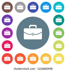 Satchel with one buckle flat white icons on round color backgrounds. 17 background color variations are included.