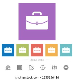 Satchel with one buckle flat white icons in square backgrounds. 6 bonus icons included.