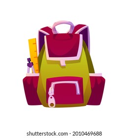 Satchel with pockets and zippers, isolated design of school bag with supplies for classes. Haversack or knapsack, backpack for carrying books. Personal unisex rucksack. Flat cartoon style vector