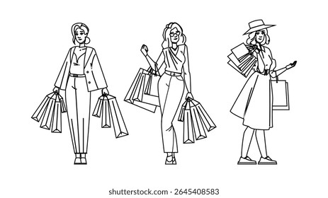 sacos de compras de satchel vetor mulher. ombro crossbody, hobo shopper, balde sling satchel sacos de compras personagem mulher. pessoas linha preta lápis desenho ilustração