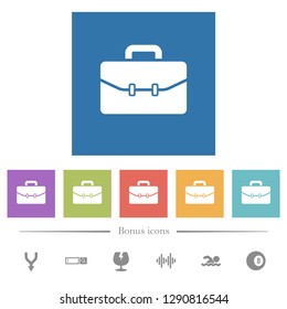 Satchel with two buckles flat white icons in square backgrounds. 6 bonus icons included.