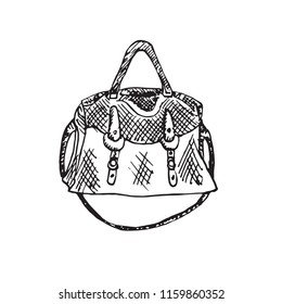 Satchel type bag with long handle, isolated hand drawn black and white outline doodle, sketch, vector illustration