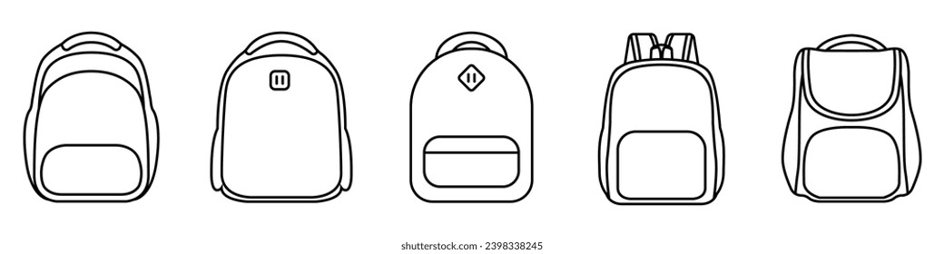 Satchels vector icons set. Linear backpacks set. Vector set of bags for things symbol. Garment bag vector icon set. Outline backpack vector.