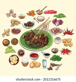 Sate Matang And Ingredients Illustration, Sketch And Vector Style, Traditional Food From Aceh, Good to use for restaurant menu, Indonesian food recipe book, and food content.